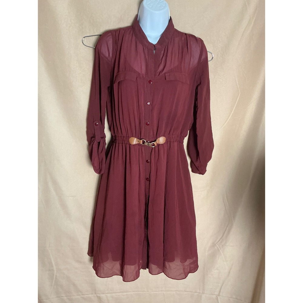 Yesta Shirt Dress Women Medium Burgundy Excellent Sheer Layered Buckle Waist